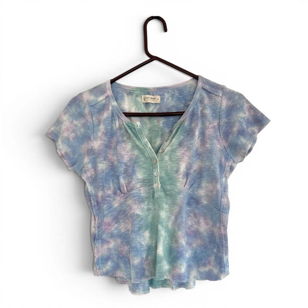 Lucky Brand Pastel Tie Dye Short Sleeve Henley Babydoll Top, Size M